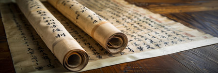 Elegant Korean hanji (traditional paper) scrolls with delicate calligraphy, unfurled on a lacquered table. Generative AIの素材