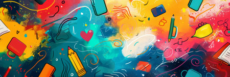 A glittery backdrop with a dynamic explosion of vibrant colors and abstract shapes, an energetic back-to-school vibe. Generative AIの素材