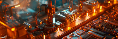 An electronics assembly line with soldered stations and circuit board testers, illustrating the machines that assemble electronic devices. Generative AIの素材