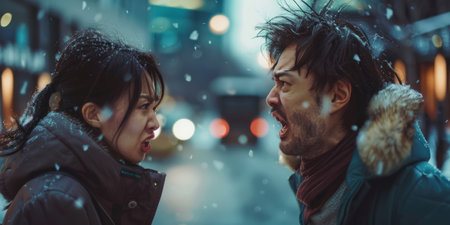 Conflict in communication: two people in a heated argument, with facial expressions and body language that convey misunderstanding and tension. .Generative AIの素材