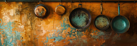 Aged copper pots and pans, with a rich verdigris patina, hanging on a bold burnt orange wall. Generative AIの素材