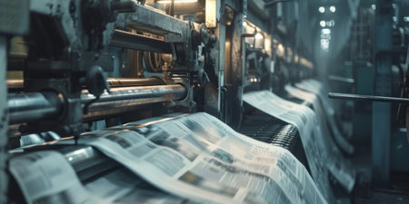 A printing press rapidly churning out newspapers, with the machinery's rhythmic motions creating a hypnotic effect. Generative AIの素材
