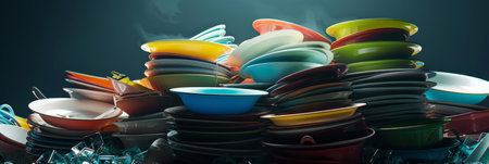 A mountain of unfinished dishes in a sink, symbolizing a feeling of being overwhelmed. Generative AIの素材