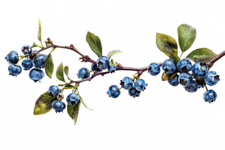 branch with clusters of ripe, vibrant blueberries, their deep color in contrast to the white background. Generative AIの素材