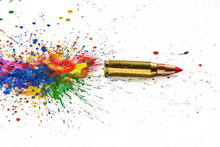 a bullet shatters a colorful painting, leaving a white canvas splattered with paint. Generative AIの素材