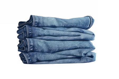 Stack of folded empty jeans on a white backdrop, minimalist. Generative AIの素材