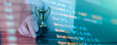 Businessman is using a laptop and holding a golden trophy. How to be the best software