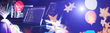 Program code on a computer monitor with fiber optic background. Internet and technology concept.