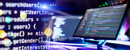 Program code on a computer monitor with fiber optic background. Internet and technology concept.