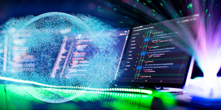 Computer monitor with abstract world map and binary code. Programming anywhere in the...