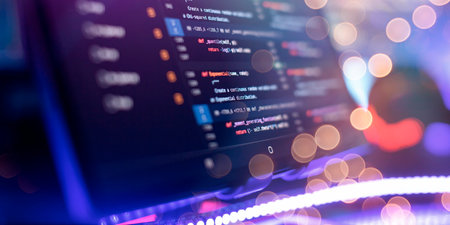 IT business.Monitor closeup of function source code. Project managers work new idea.