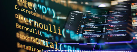 Coding script text on screen. Notebook closeup photo.