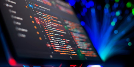 Modern tech. PHP syntax highlighted. Writing programming functions on laptop.