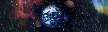 Earth from space. Earth globe with stars and nebula background. Earth, Galaxy and Sun from space. Blue Sunrise.の写真素材