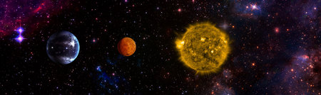 Stars of a planet and galaxy in a free space.の写真素材