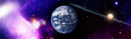 Earth from space. Earth globe with stars and nebula background. Earth, Galaxy and Sun from space. Blue Sunrise.の写真素材