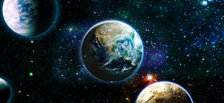 Earth and galaxies in space. Design fantasy. Blue Sunrise.の写真素材
