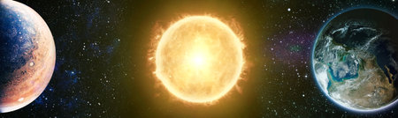 Stars of a planet and galaxy in a free space.