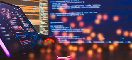 Working atmosphere of a programmer at home, IT business. Monitor closeup of function source code.