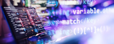 Running computer data programming. Coding script text on screen. Notebook closeup