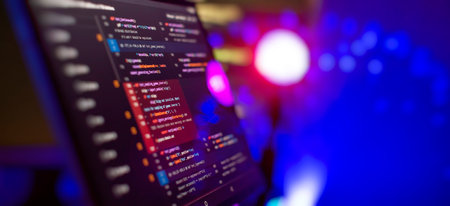 Monitor closeup of function source code. Abstract IT technology background.