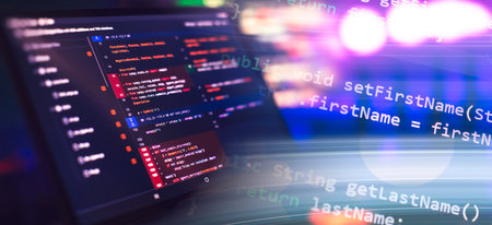 Running computer data programming. Coding script text on screen. Notebook closeup photo.