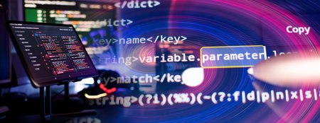 Abstract computer script code. Programming code screen of software developer. Software Programming