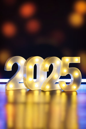 New Year's Eve 2025 Celebration Background.Christmas lights bokeh background. Holiday postcard....