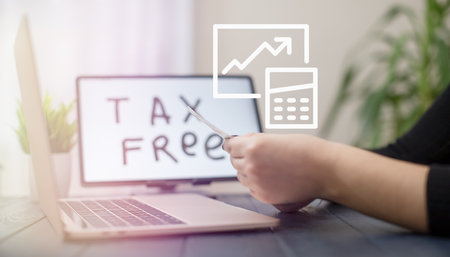 Workspace Highlighting Tax-Free Benefits: Screen Displaying 'Tax Free'の写真素材