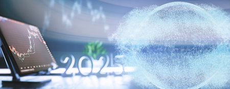 Financial Market and Investment Trends 2025: Digital Candlestick Charts Reflecting Economicsの写真素材