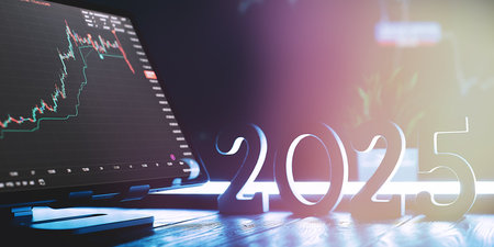 Financial Market and Investment Trends 2025: Digital Candlestick Charts Reflecting Economicsの写真素材