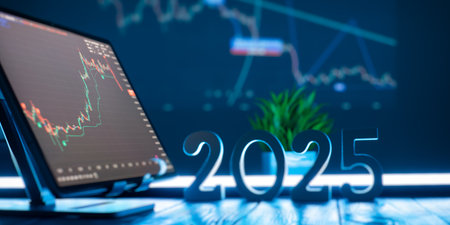 Financial Market and Investment Trends 2025: Digital Candlestick Charts Reflecting Economicsの写真素材