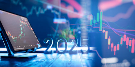Financial Market and Investment Trends 2025: Digital Candlestick Charts Reflecting Economicsの写真素材