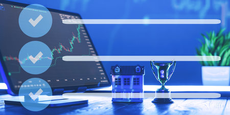 Financial Goal Achievement Visualization Stock Market Analytics, Real Estate Investment, and Success Checklist with Trophy in a Futuristicの写真素材