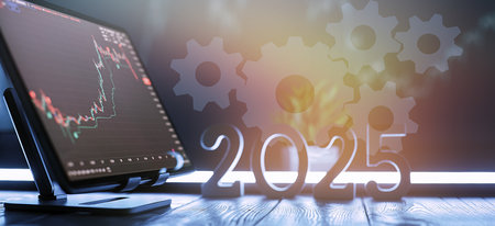 2025 Financial Automation Concept Stock Market Trends with Gear Mechanisms Symbolizing Economic Innovation and Workflowの写真素材