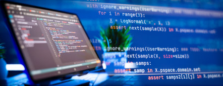 Work from home. Programmer coding code on notebook screen atの写真素材