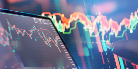 Dynamic Stock Market Analysis with Rising Graph and Blurred Trading Chartの写真素材