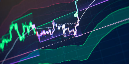 Bar graphs, Diagrams, financial figures. Abstract glowing forex chart interface wallpaper.の写真素材