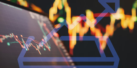 Dynamic Stock Market Analysis with Rising Graph and Blurred Trading Chartの写真素材