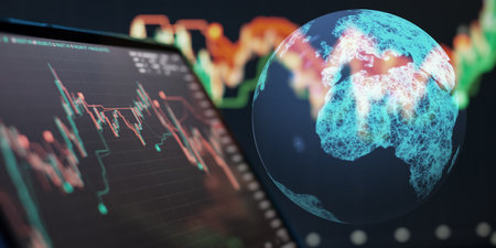 Dynamic Stock Market Analysis with Rising Graph and Blurred Trading Chartの写真素材