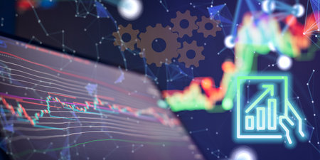 Abstract Trading Screen with Candlestick Chart and Colorful Market Trendsの写真素材