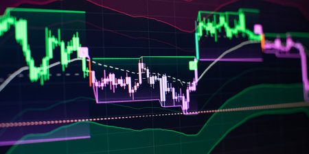 Bar graphs, Diagrams, financial figures. Abstract glowing forex chart interface wallpaper.の写真素材