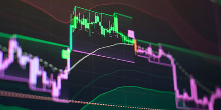 Bar graphs, Diagrams, financial figures. Abstract glowing forex chart interface wallpaper.