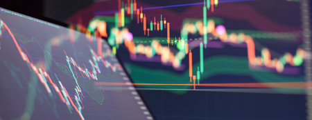 Bar graphs, Diagrams, financial figures. Abstract glowing forex chart interface wallpaper.