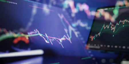 Dynamic visualization of financial data with a candlestick chart of the stock marketの写真素材