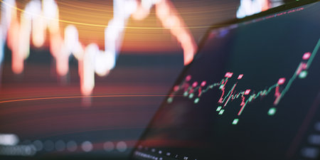 Abstract stock trading interface with green candlestick chart and warm sunshineの写真素材