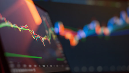 Abstract digital financial chart with colored candlestick charts, trend linesの写真素材