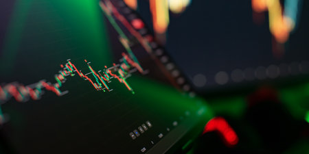 Abstract Financial Trading Monitors with Stock Market Candlestickの写真素材