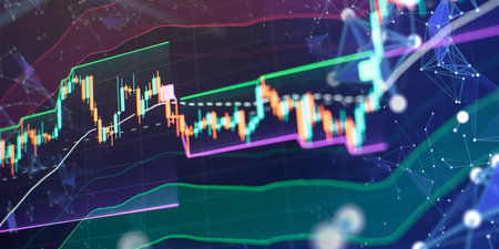 Abstract digital financial chart with colored candlestick charts, trend lines