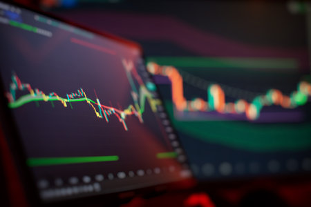 Abstract digital financial chart with colored candlestick charts, trend linesの写真素材